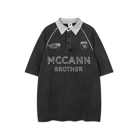Hip hop shirt short-sleeved polo shirt embroidered washing water old lapel T-shirt