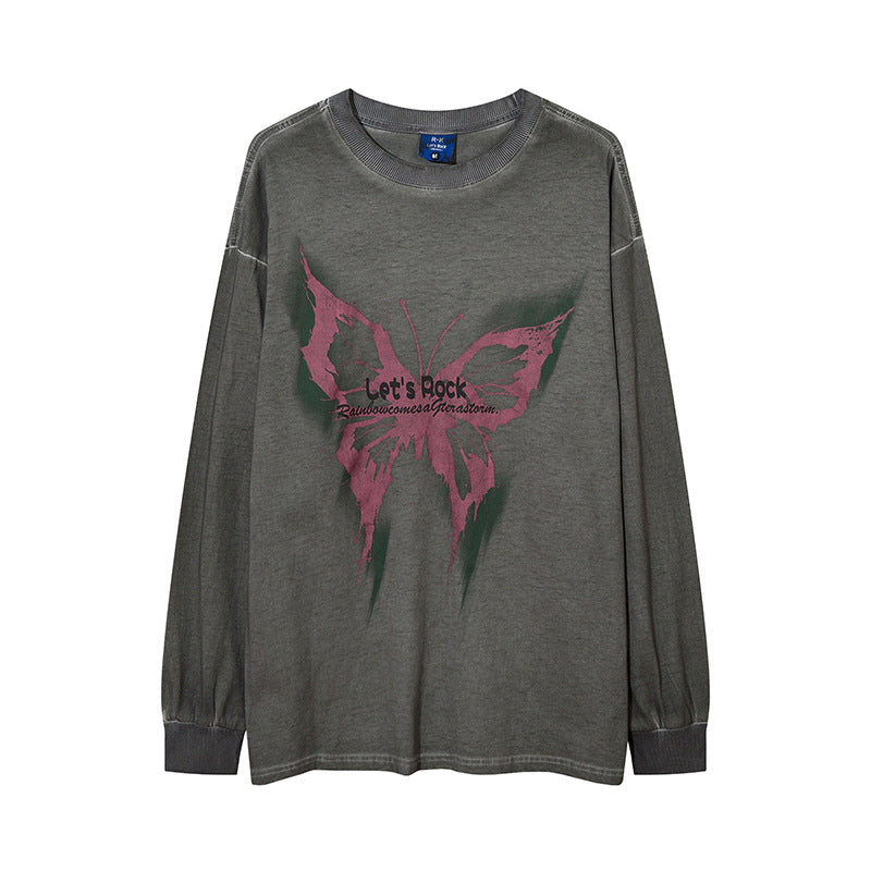 Vintage T Shirts Hip Hop Butterfly Graffiti Print Long Sleeve T-Shirt