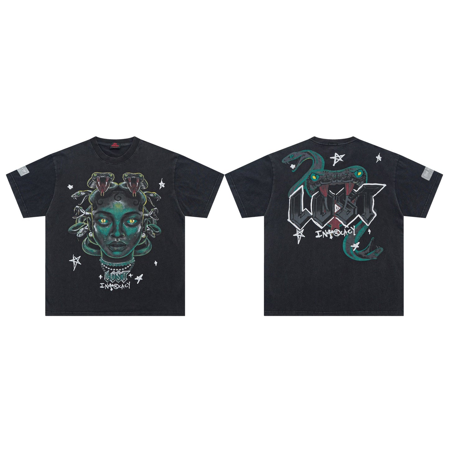 Lost Intricacy T-Shirt Medusa Snakehead Print Short Sleeve Wash
