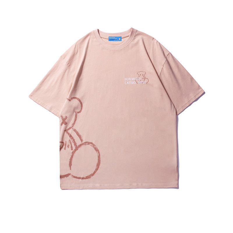Vice streetwear bear graffiti print short sleeve T-shirt loose round neck T-Shirts