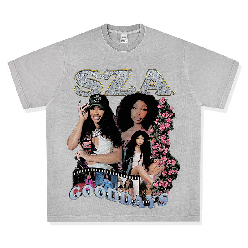 Streetwear masculino vintage rap SZA print short sleeve t-shirt oversize