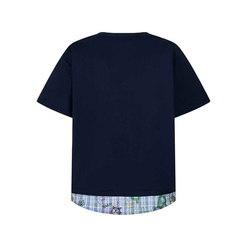 Nostalgia T Shirts 2 Vintage Tie Fake Two-piece Men's and Women's Summer Couple Short Sleeve T-Shirt Loose Casual Plaid
