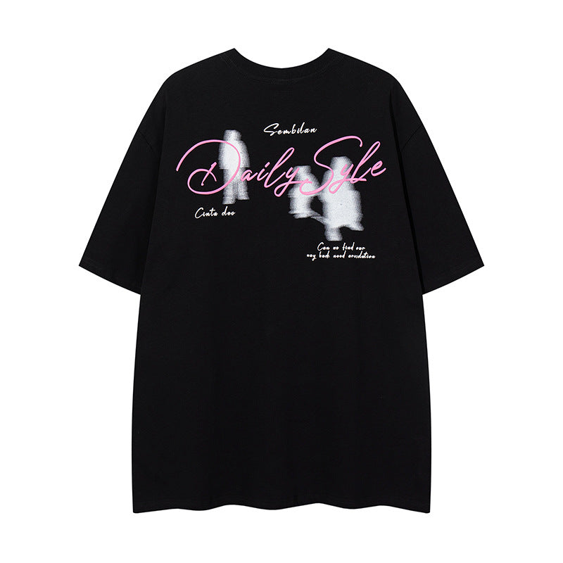 Distorted vintage black shadow portrait print short sleeve t-shirt summer oversize casual top
