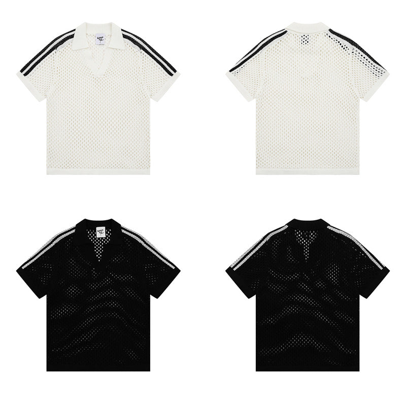 Hip Hop Shirts For Boys Striped Hollow Mesh Knitted POLO Shirt