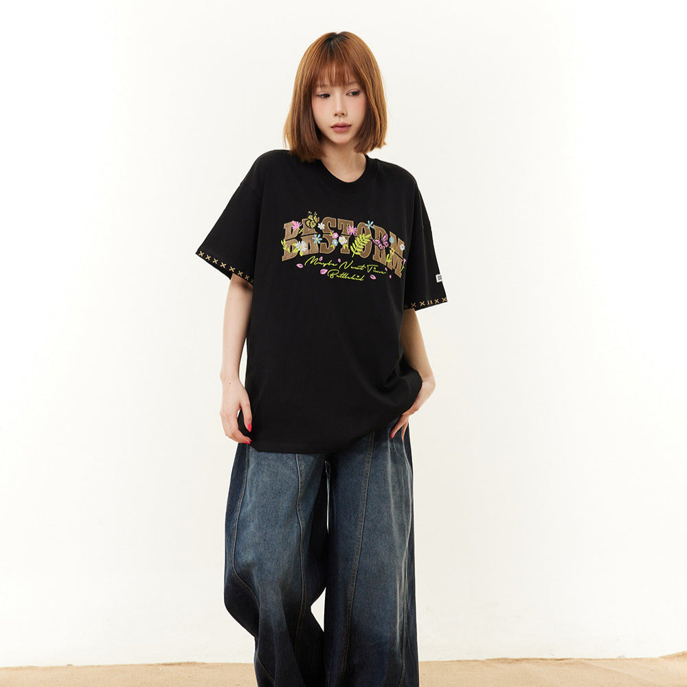 New York Hip Hop Style Vintage Butterfly Floral Alphabet Print Short Sleeve T-Shirt