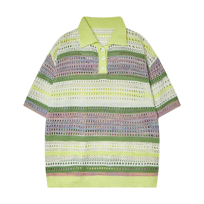 Nyc 1990 Shirt Retro Striped Hollow Contrast Color Knitted Polo Shirt Summer Lapel Casual Short Sleeve T-Shirt
