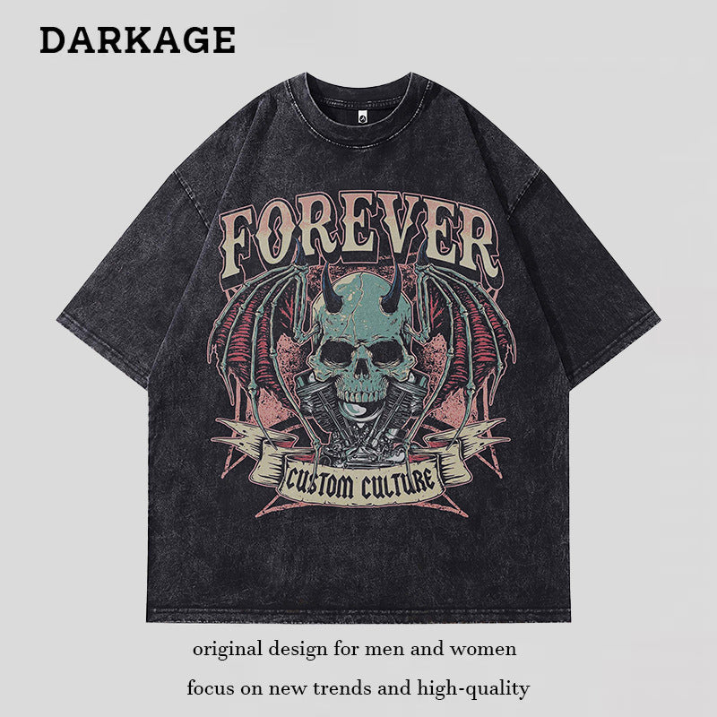 Ropa Vintage Hombre Vintage Skull Print Old Washed Loose Short Sleeve T-Shirt