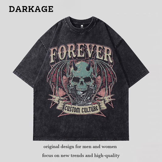 Ropa Vintage Hombre Vintage Skull Print Old Washed Loose Short Sleeve T-Shirt
