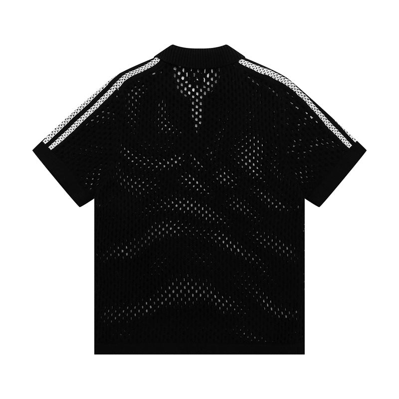 Hip Hop Shirts For Boys Striped Hollow Mesh Knitted POLO Shirt