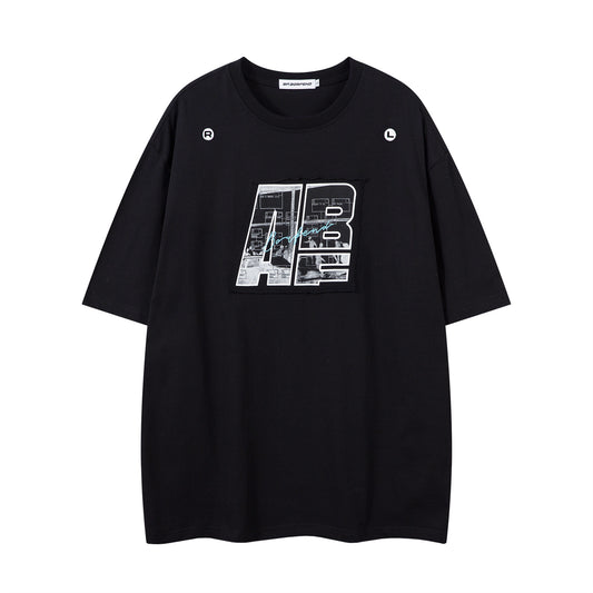 Distorted vintage letter embroidered short-sleeved t-shirt