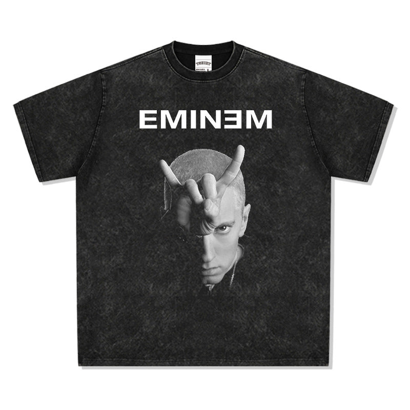 Streetwear masculino hip hop emperor Eminem vintage washed do old short sleeve t-shirt