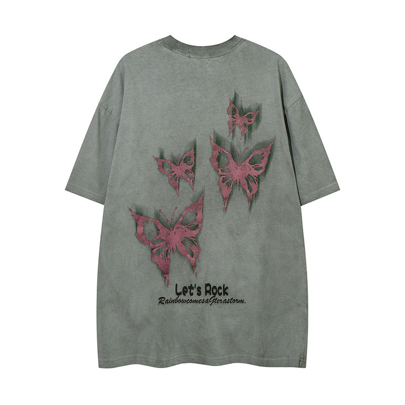 Vintage T Shirts Hip Hop Retro Butterfly Print Wash Short Sleeve T-Shirt