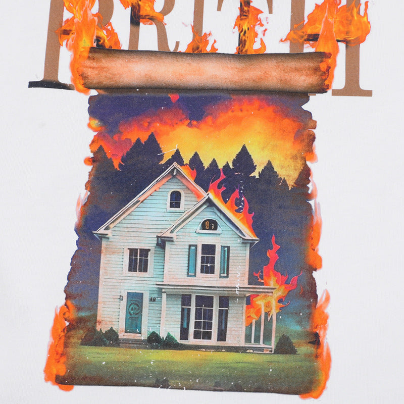 Camisas Retros White Ink Fire House Pattern 3D Printed Design Short Sleeve T-Shirt