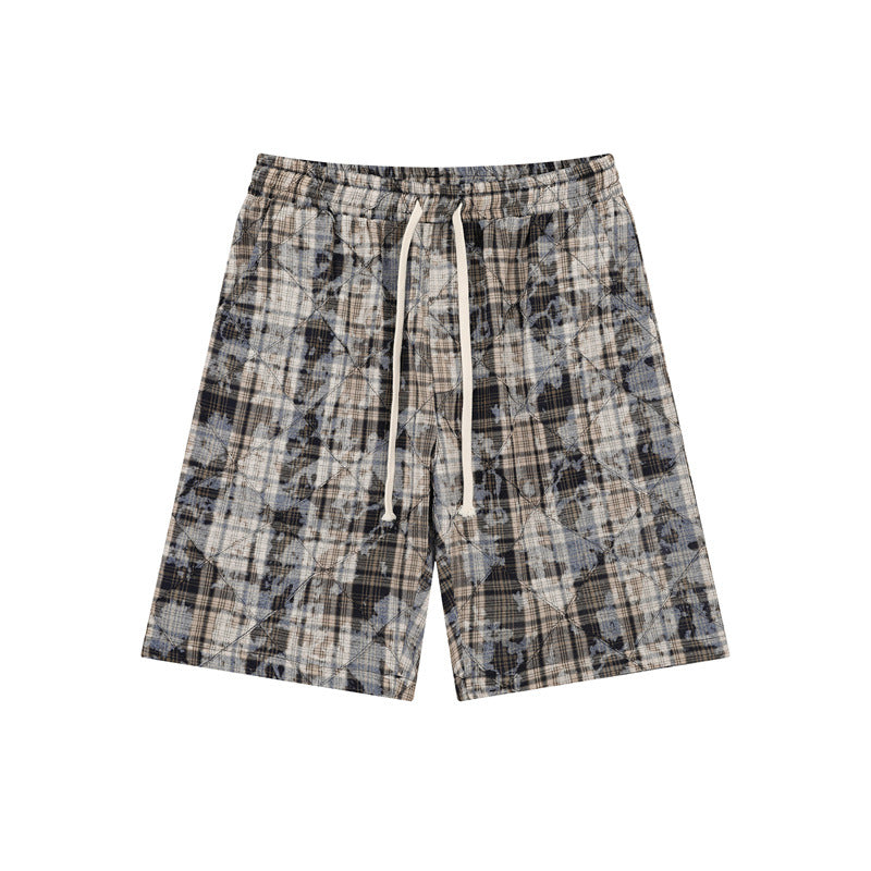 Stone Wash T shirt Retro plaid short-sleeved shirt Summer loose shorts
