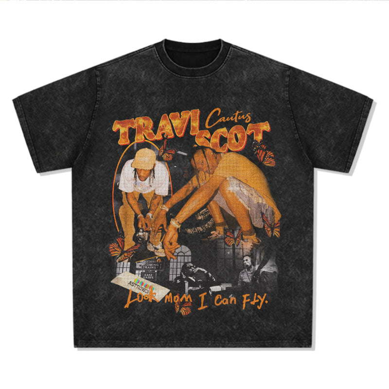 New york hip hop shop BC hip hop rap Travis Scott TS print short sleeve washed old t-shirt