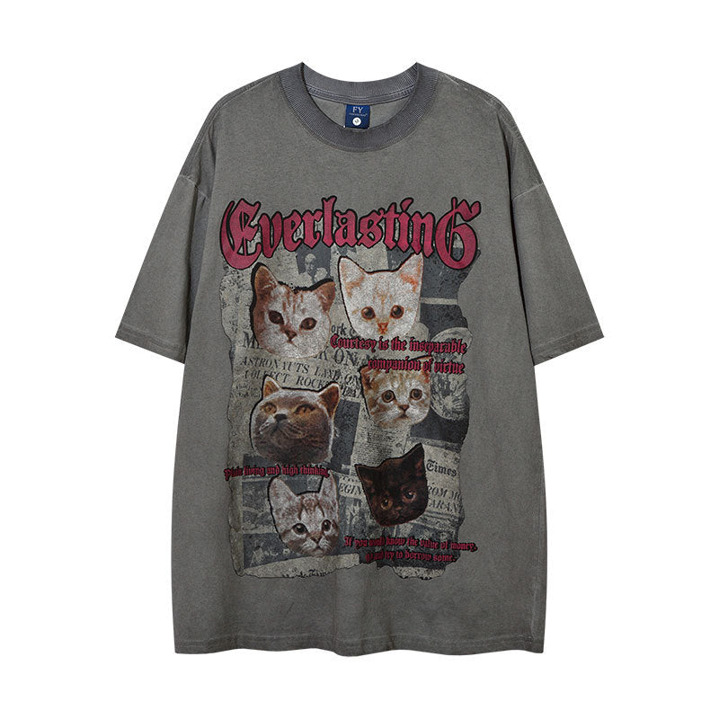 Vintage Tišö Rt Vintage Cat Wash Old Short Sleeve Hip Hop T-Shirt