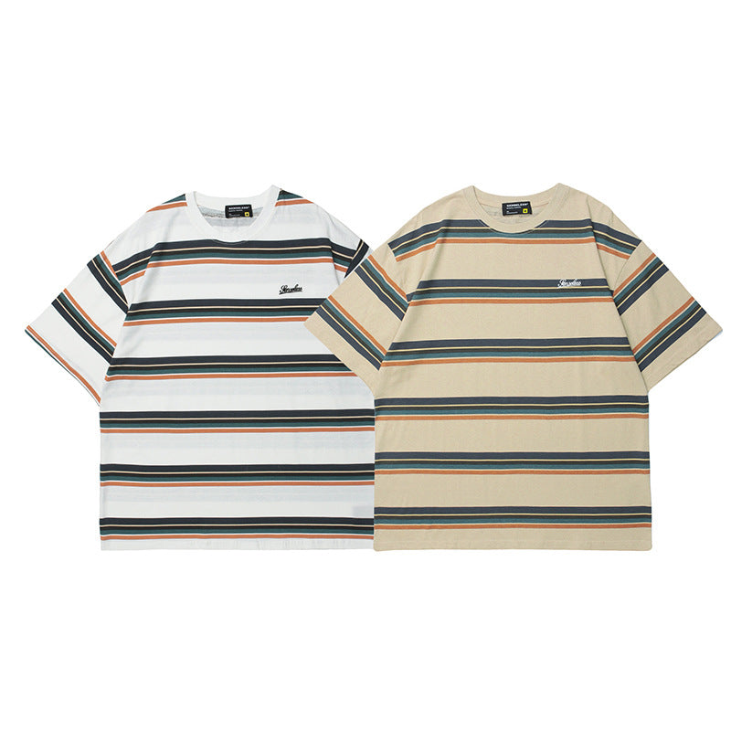 Vice streetwear Summer Stripe Print Short Sleeve T-Shirt Loose Crew Neck T-Shirts