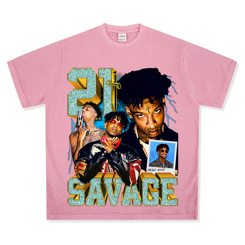 Streetwear masculino hip hop 21 savage print vintage hiphop short sleeve t-shirt