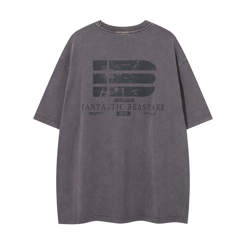 Casual Street Wear Washed Letter Print Loose Crew Neck Short Sleeve T-Shirt
