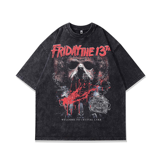 Ropa Vintage Hombre Skull Print Washed Old Short Sleeve T-Shirt