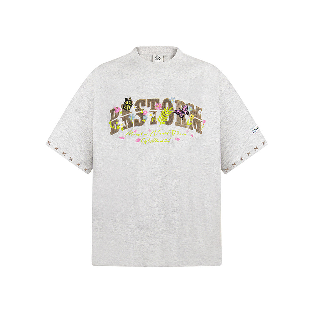 New York Hip Hop Style Vintage Butterfly Floral Alphabet Print Short Sleeve T-Shirt