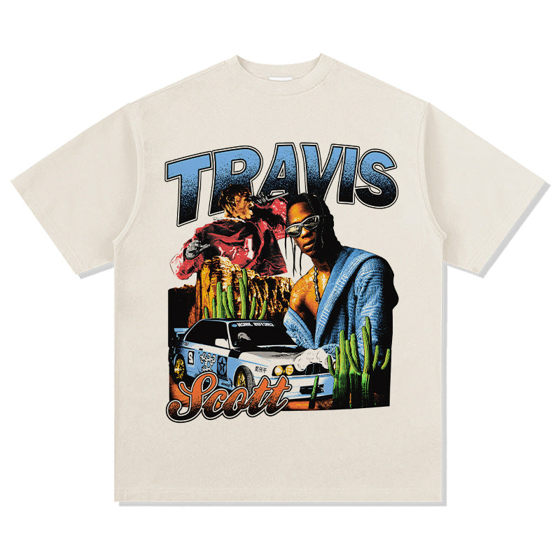 Outfit streetwear vintage hip hop TS scott print short sleeve t-shirt