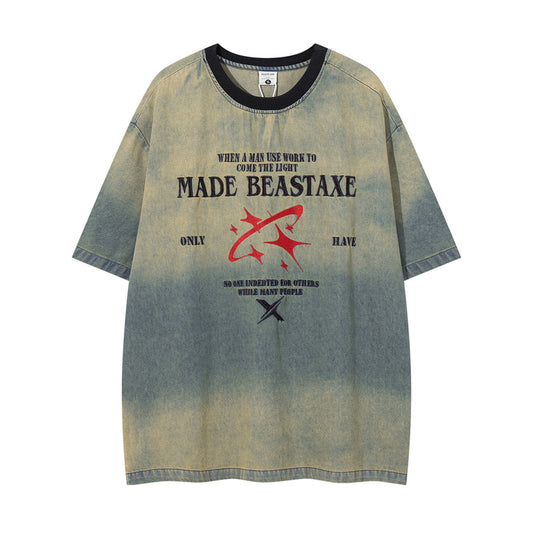 Y2k mens shirt retro fun cartoon heavy industry embroidery washed denim short-sleeved t-shirt