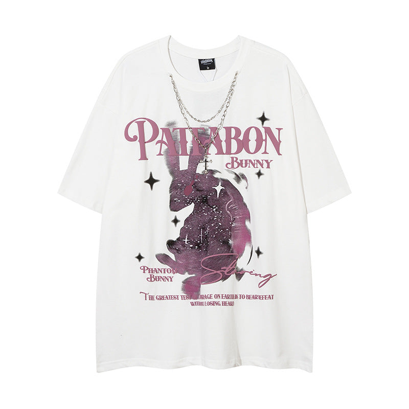 Vintage Usa Shirt Rabbit Print Strap Necklace Short Sleeve T-Shirt Loose Top