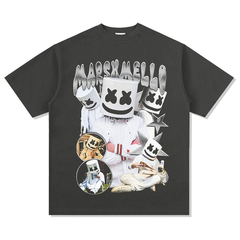 Streetwear masculin MARSHMELLO vintage hip hop rap print short sleeve t-shirt