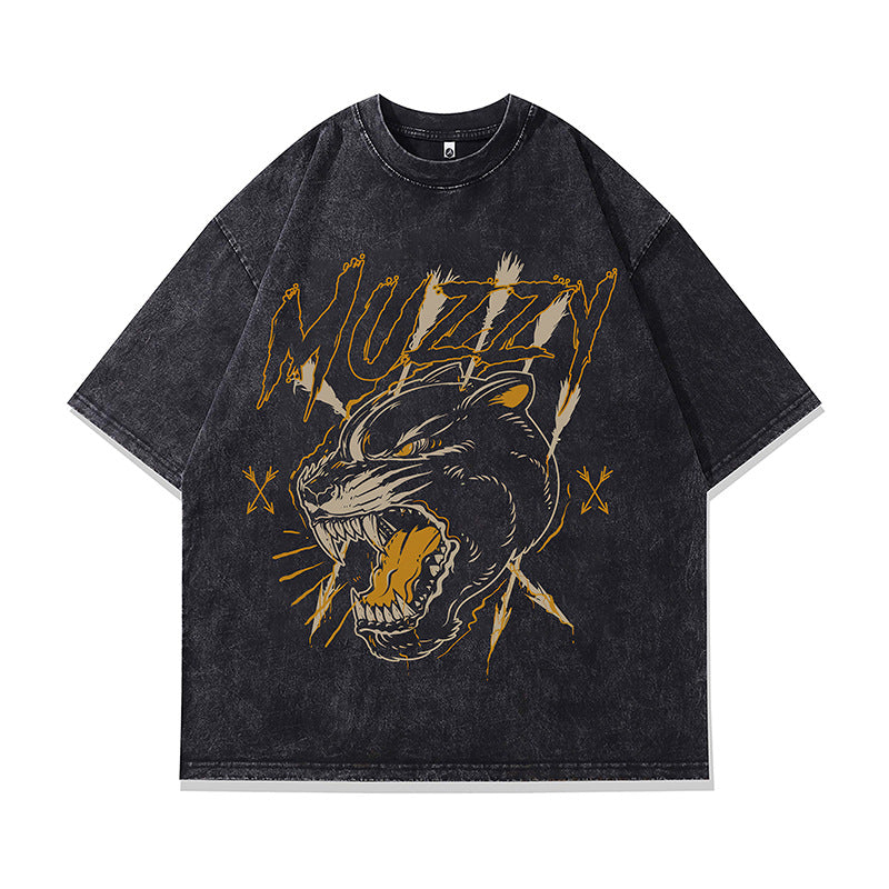 Ropa Vintage Hombre Panther Print Wash Water Vintage Loose Crew Neck Short Sleeve T-Shirt
