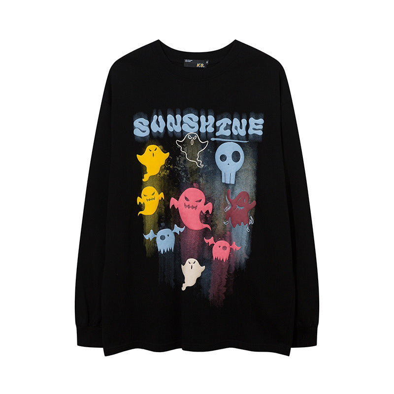 Vintage T Shirts Hip Hop Cartoon Foam Print Long Sleeve T-Shirt