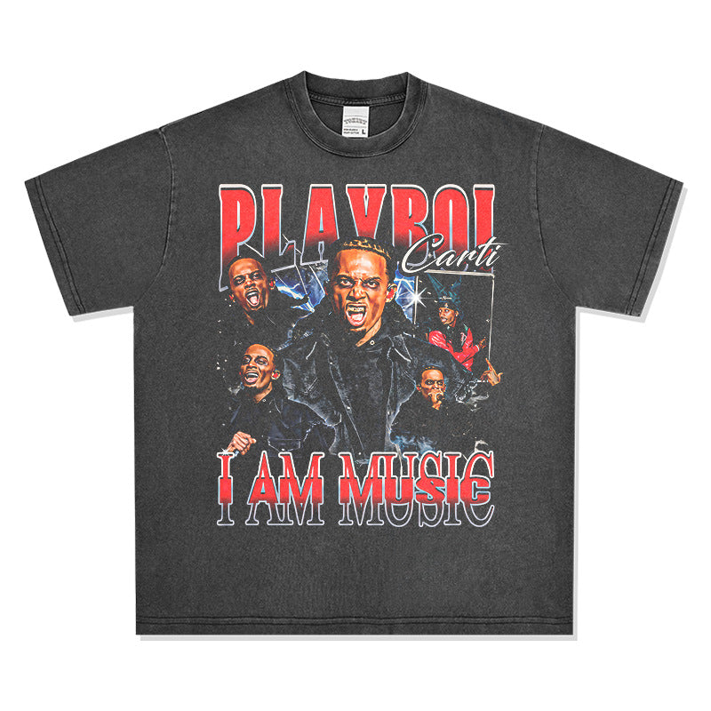 Outfit streetwear retro hip hop Playbois Carti print short sleeve t-shirt