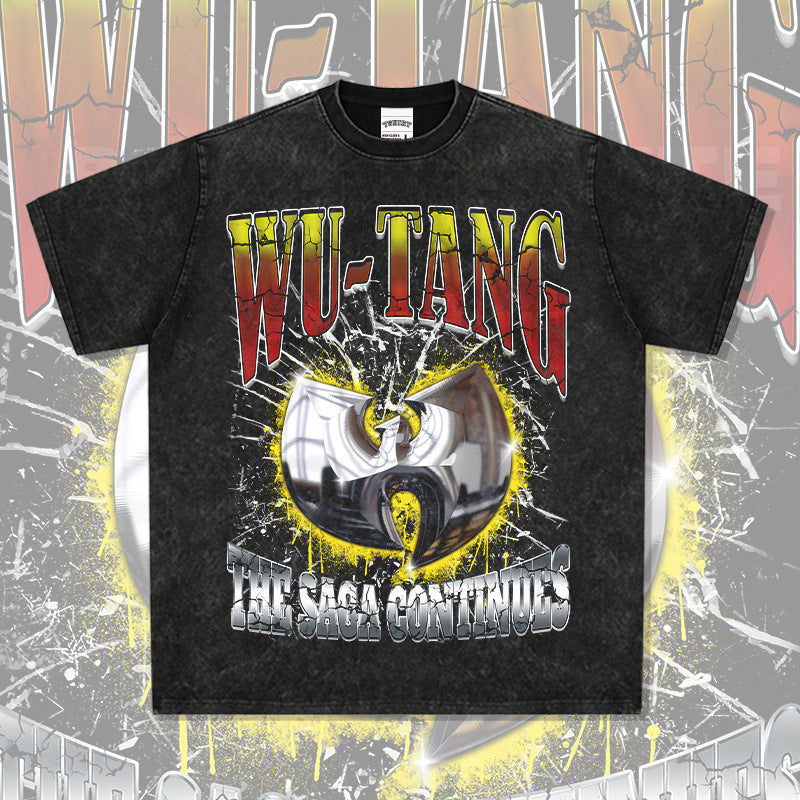Streetwear masculino vintage hip hop WU-TANG print short-sleeved t-shirt