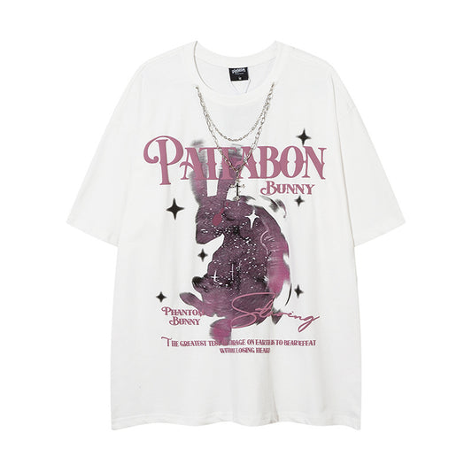 Vintage Usa Shirt Rabbit Print Strap Necklace Short Sleeve T-Shirt Loose Top