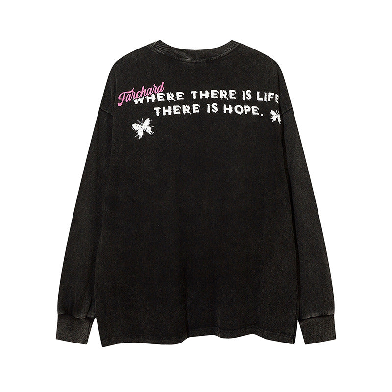 Vintage T Shirts Hip Hop Butterfly Print Washing Water Old Long Sleeve T-Shirt
