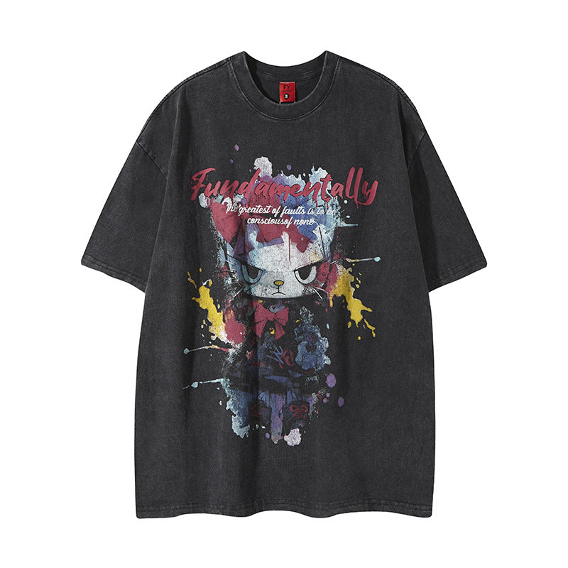 New York Hip Hop Style Old Crew Neck Short Sleeve T-Shirt Hip Hop Loose Top