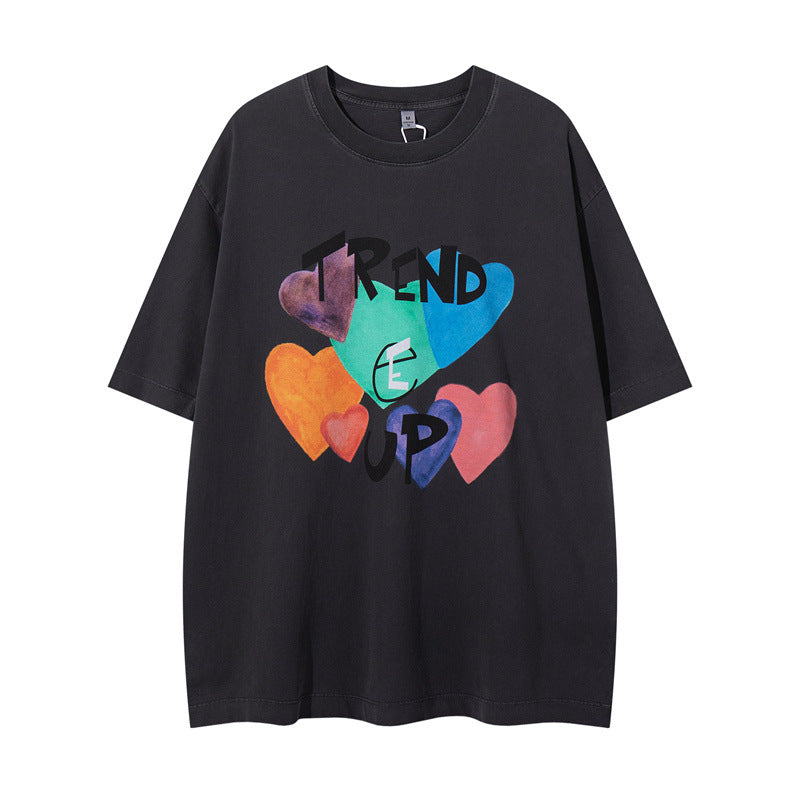 US drip outfits summer vintage love pattern casual loose short sleeve T-Shirts