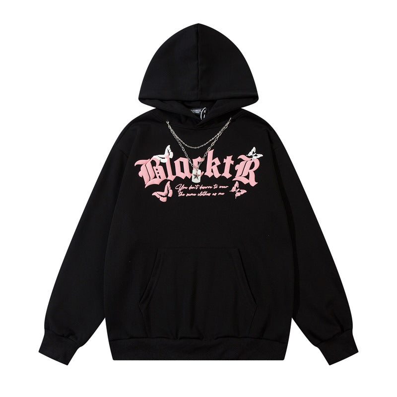 Streetwear Hoodie Butterfly Letter Foam Print Hooded Sweater Autumn Loose