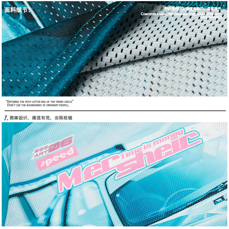 Racing oversized t shirt V-neck racing print mesh shirt T-shirt