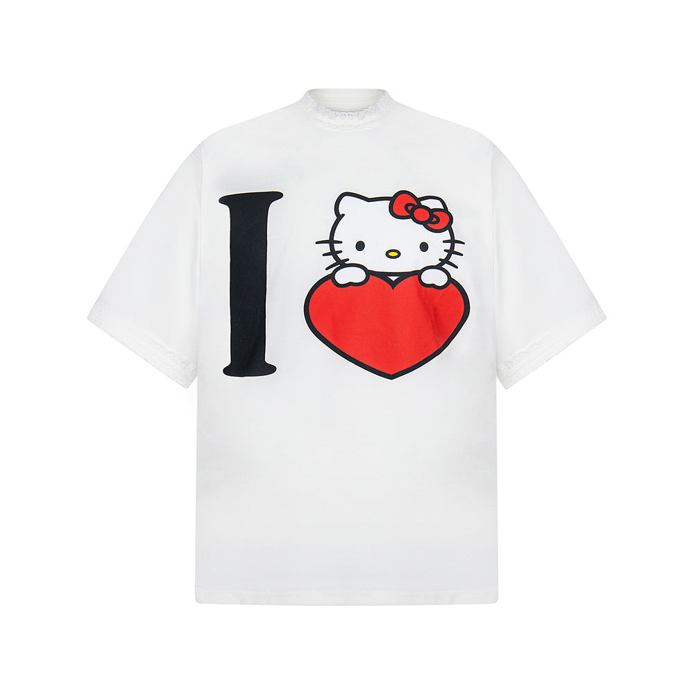 New York Hip Hop Style Hello Kitty Print Vintage Short Sleeve T-Shirt
