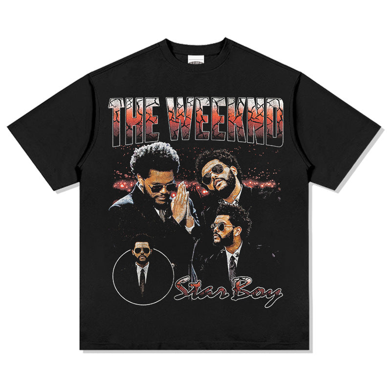 Streetwear masculino vintage weeknd print short sleeve t-shirt hip hop loose vintage