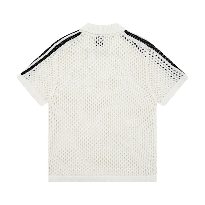 Hip Hop Shirts For Boys Striped Hollow Mesh Knitted POLO Shirt
