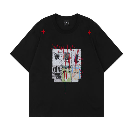 Distorted vintage hip hop loose crew neck t-shirt vintage loose short sleeves