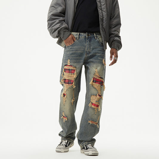 1990 Fashion Jeans Vintage Ripped Patch Loose Straight Jeans