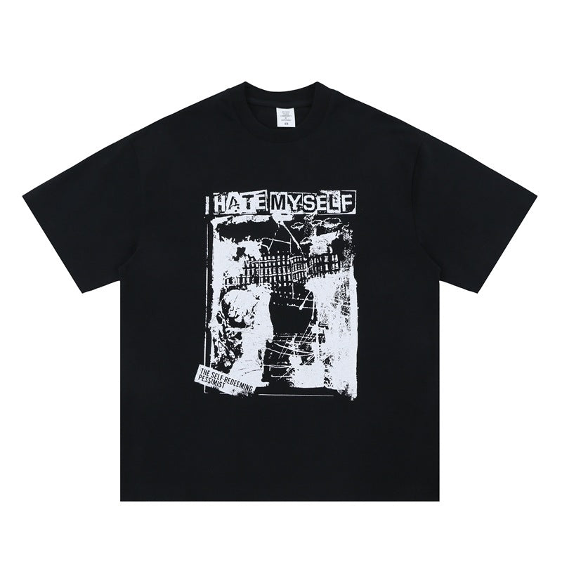 Vintage College Shirts Summer Vintage Destruction Print Crew Neck Short Sleeve T-Shirt
