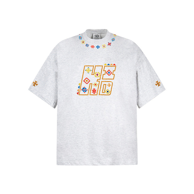 Camisas Retros Embroidered Short Sleeve T-Shirt Vintage Loose Casual tee