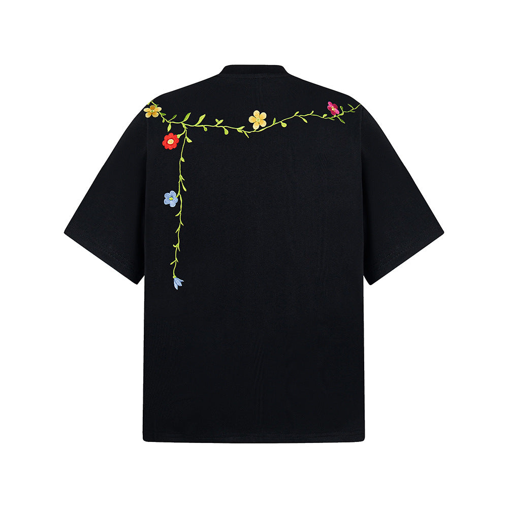 Hip Hop Clothes New York Vintage Floral Embroidery Short Sleeve T-Shirt