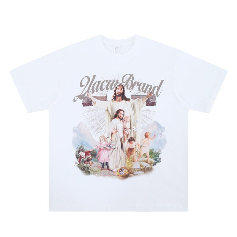 Vic Streetwear Summer Angel Print Crew Neck Short Sleeve T-Shirt