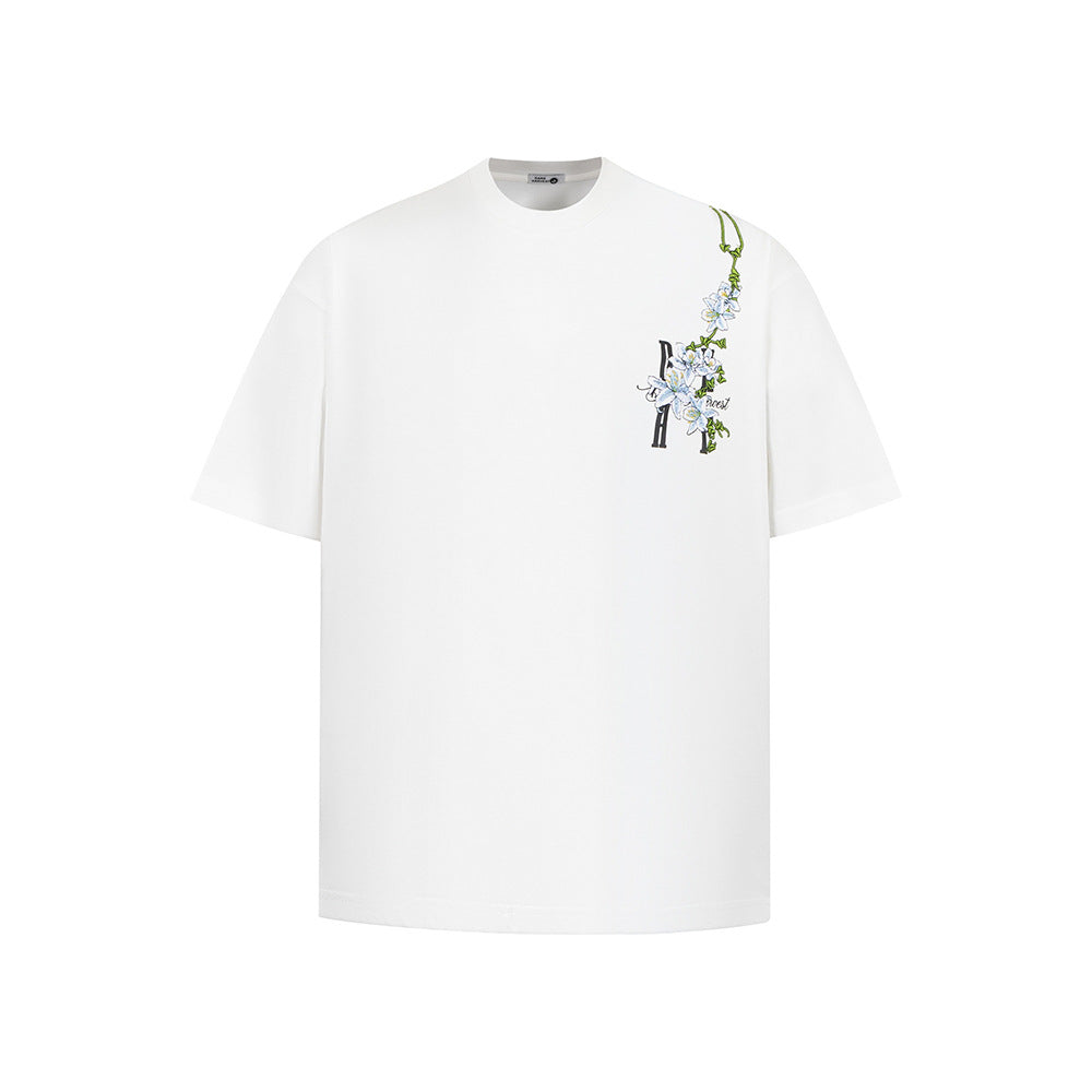 Hip Hop Clothes New York Vintage Floral Embroidery Short Sleeve T-Shirt