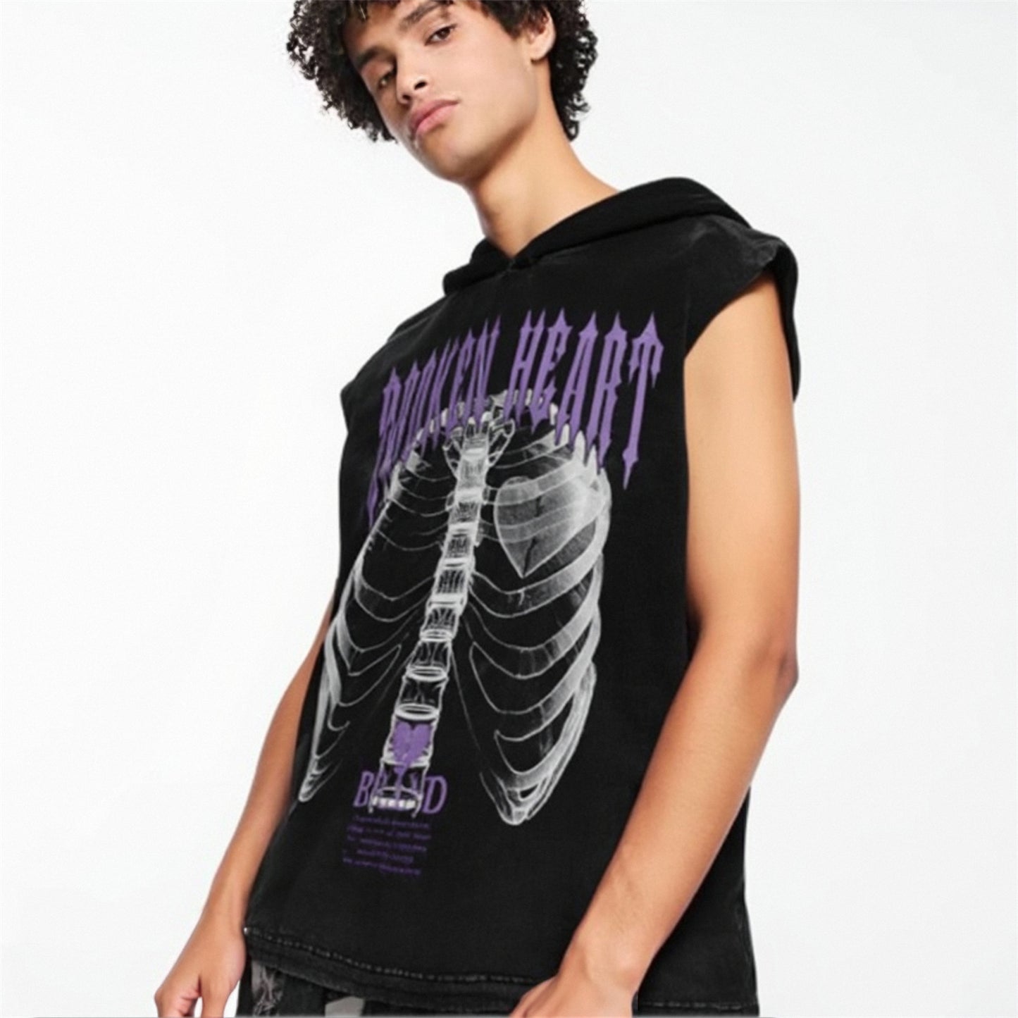 Distorted vintage sleeveless t-shirt loose casual hooded vest
